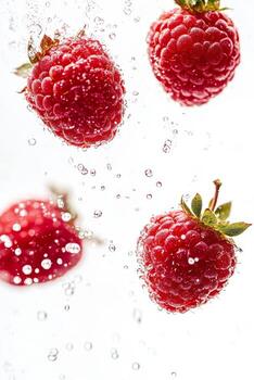 A group of raspberries are being splashed with water photo