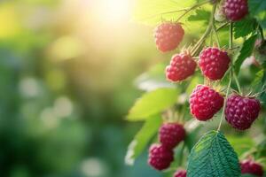 Raspberries on the tree with sunlight shining through photo