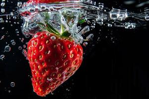 A strawberry is being splashed in water photo