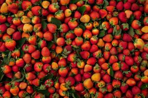 A large pile of strawberries with leaves photo