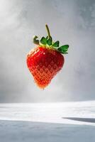 A strawberry is floating in the air with a cloud background photo