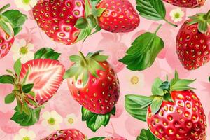Strawberries and flowers are shown in this pattern photo