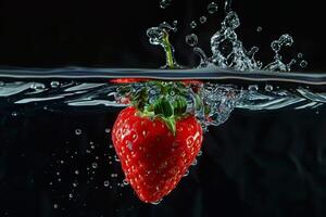 A strawberry is being splashed into the water photo