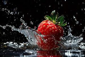 A strawberry is splashing water on a black background photo
