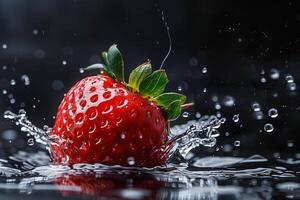 A strawberry is splashing water on a black background photo