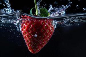 A strawberry is being splashed in water photo