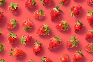 A large group of strawberries on a pink background photo