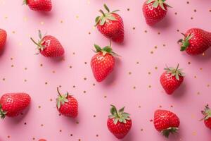 Strawberries on a pink background with gold dots photo