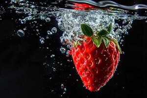 A strawberry is being splashed into the water photo