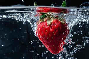A strawberry is submerged in water with bubbles photo