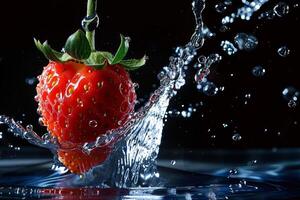 A strawberry is being splashed with water photo