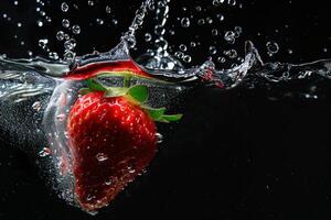 A strawberry is being splashed in water photo