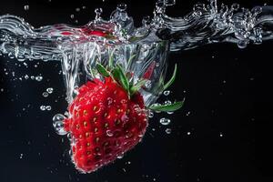 A strawberry is being splashed into the water photo