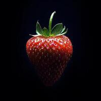 A strawberry is shown in the dark photo