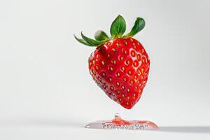 A strawberry is floating in a clear liquid photo