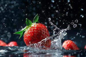 A strawberry is splashing water on a black background photo