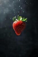A strawberry floating in the air with water droplets photo