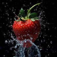 A strawberry is being splashed with water photo