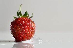 A strawberry is sitting on a white surface photo