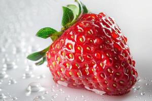A strawberry is sitting on top of water droplets photo