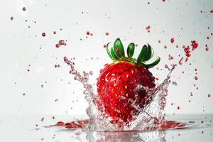 A strawberry is splashing water on a white surface photo