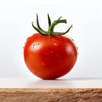 A tomato on a wooden surface with water drops photo