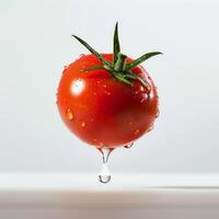 A tomato is being dropped into a glass of water photo