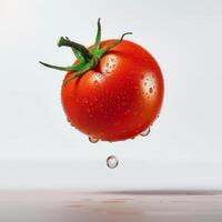 A tomato is floating in the air with water droplets photo