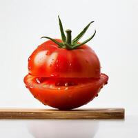 Tomato on a wooden board with water droplets photo