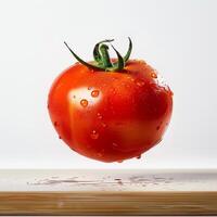 A tomato is floating in the air with water droplets photo