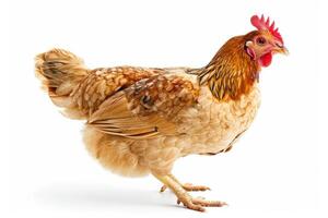 A brown chicken is standing on a white background photo