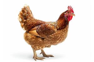 A brown chicken is standing on a white background photo