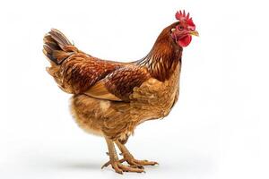A brown chicken standing on a white background photo
