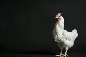 A white chicken standing on a black background photo