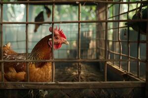 A chicken in a cage photo