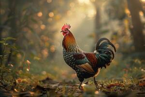 A rooster is walking in the woods photo