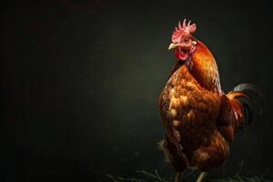 A rooster standing on grass in front of a dark background photo