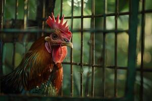 A rooster is sitting in a cage photo