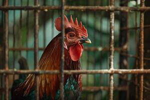 A rooster is standing in a cage photo