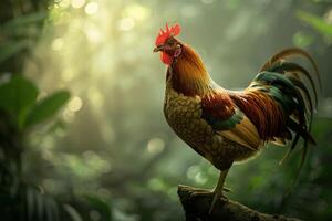 A rooster stands on a branch in the middle of a forest photo