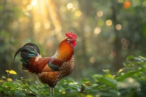 A rooster stands in the middle of a green field photo