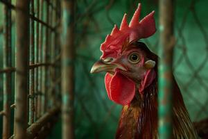 A rooster is standing in a cage photo