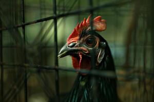 A close up of a rooster in a cage photo