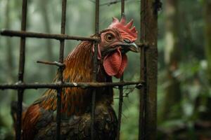 A rooster is standing behind bars in the jungle photo