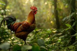 A rooster stands in the middle of a jungle photo