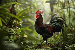A rooster is standing in the middle of a jungle photo