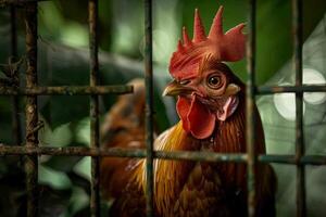 A rooster is standing behind bars in a cage photo