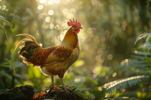 A rooster stands on a rock in the middle of a jungle photo