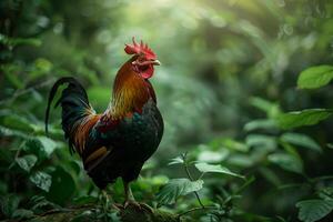 A rooster stands on a rock in the middle of a green forest photo