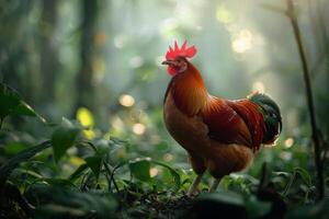 A rooster is standing in the middle of a green forest photo